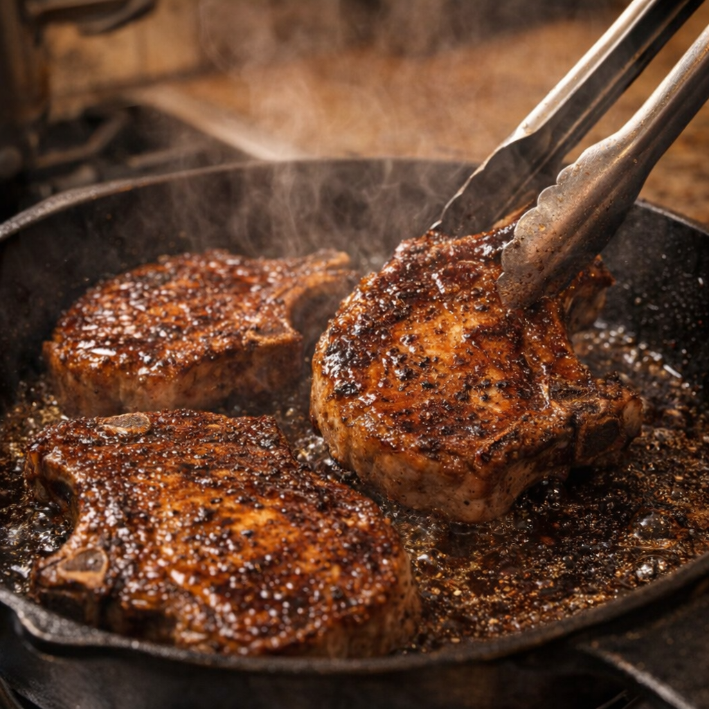 Pork chops being seared in a skillet until browned