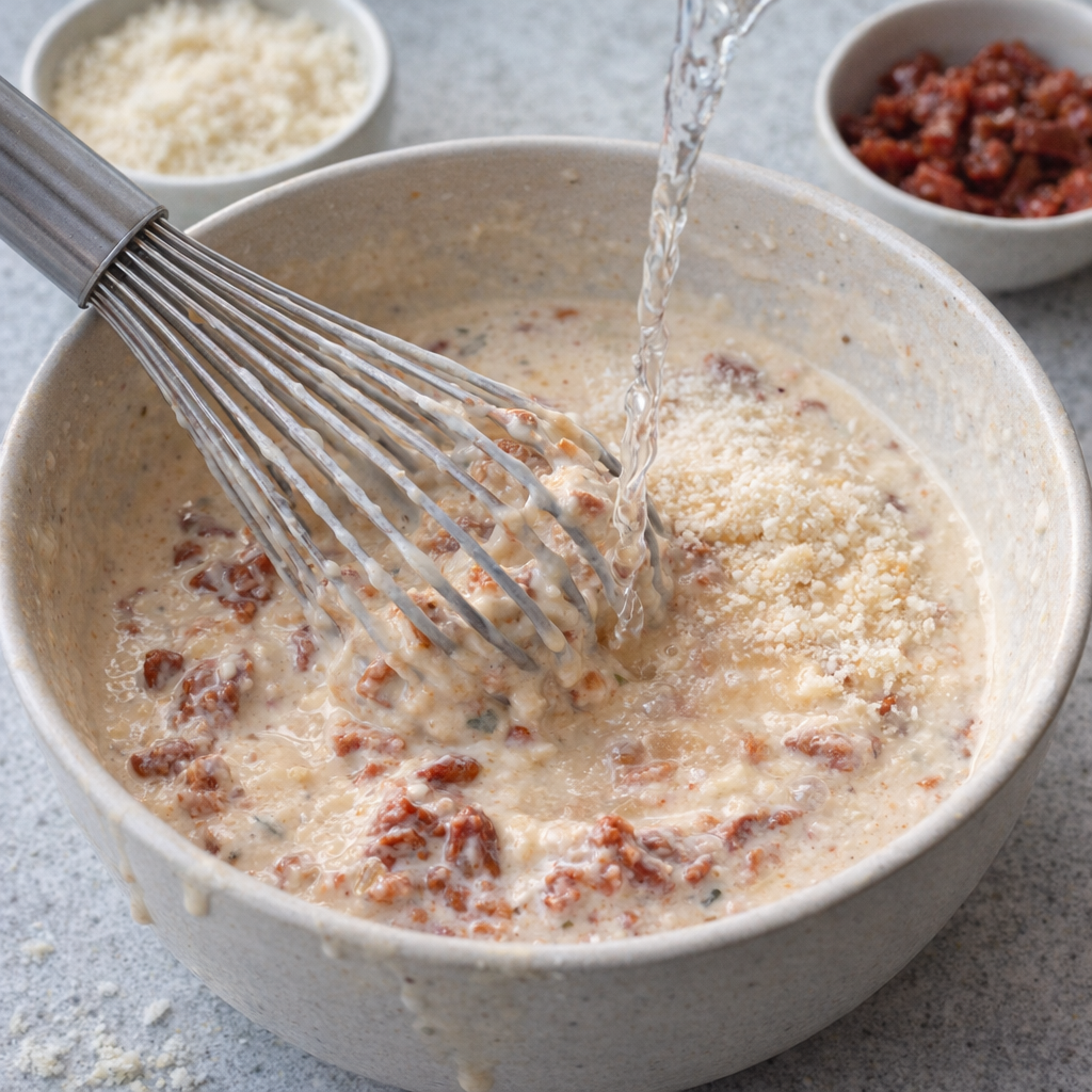 Creamy Alfredo and sun-dried tomato sauce being whisked in a bowl