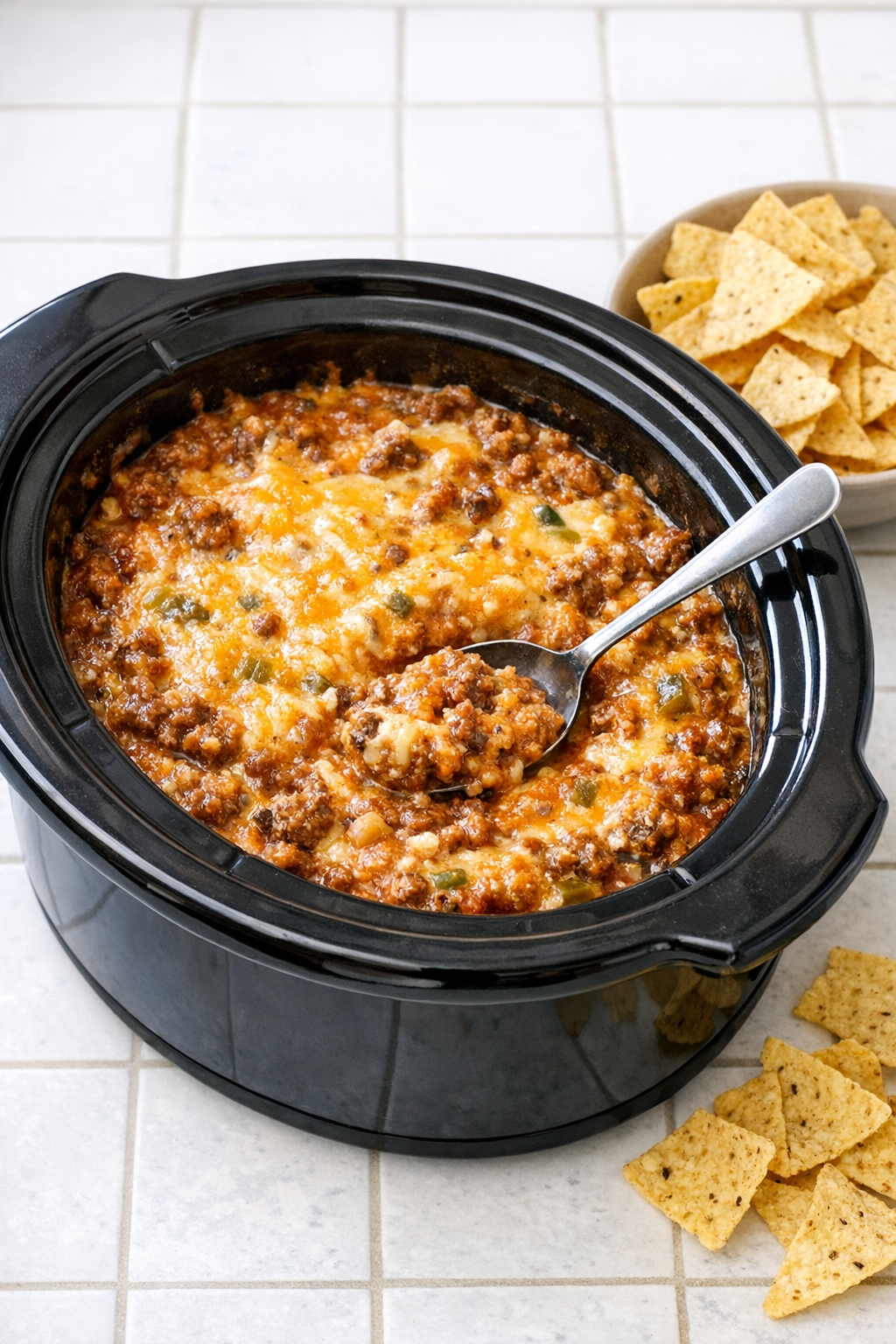 Finished chili pie beef dip in a slow cooker with chips for serving