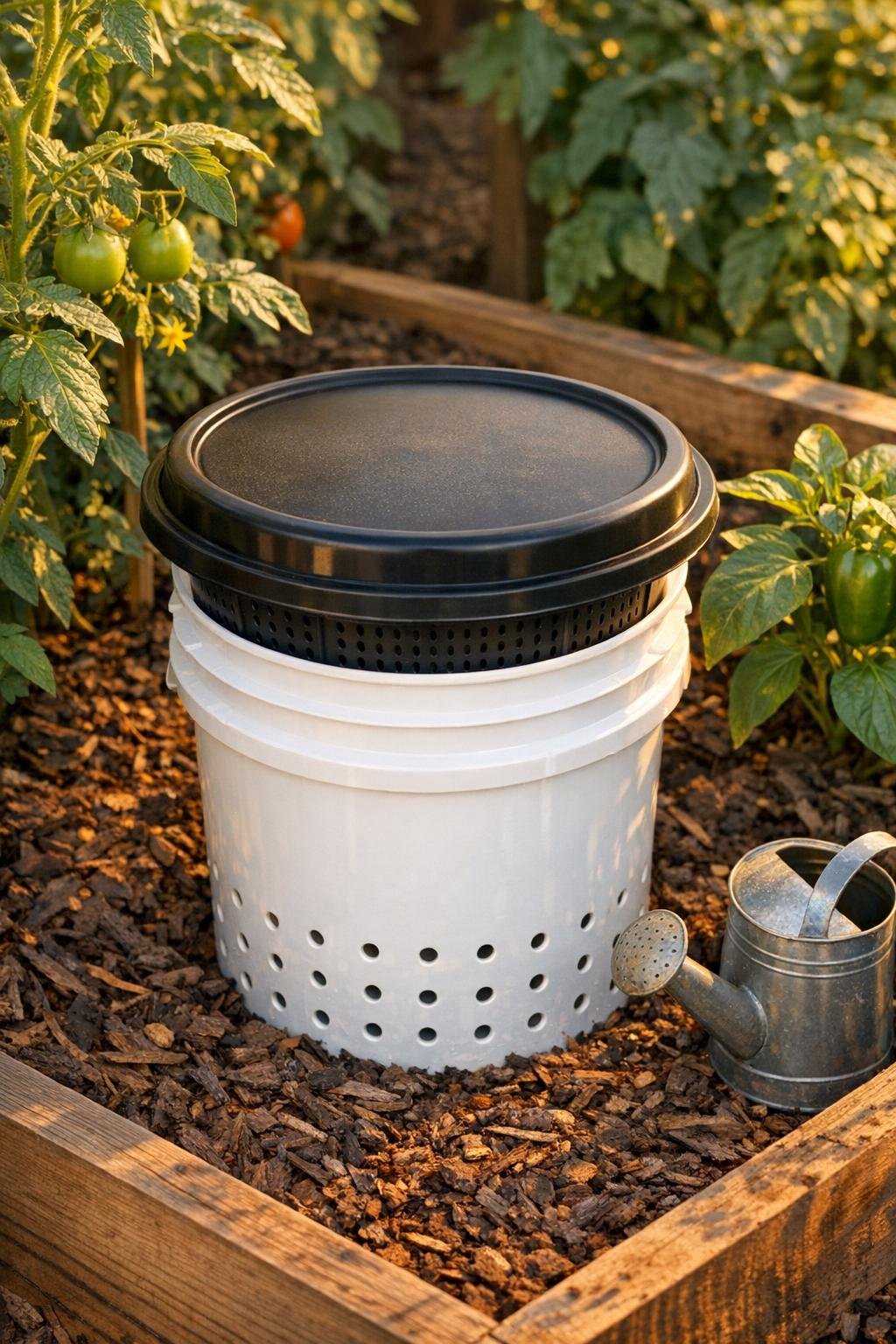 Finished deep-root watering reservoir installed in a vegetable garden bed