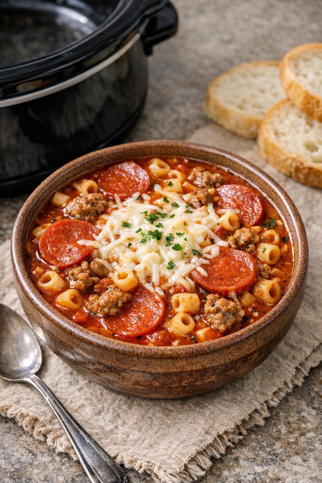 Finished bowl of pizza soup with mozzarella