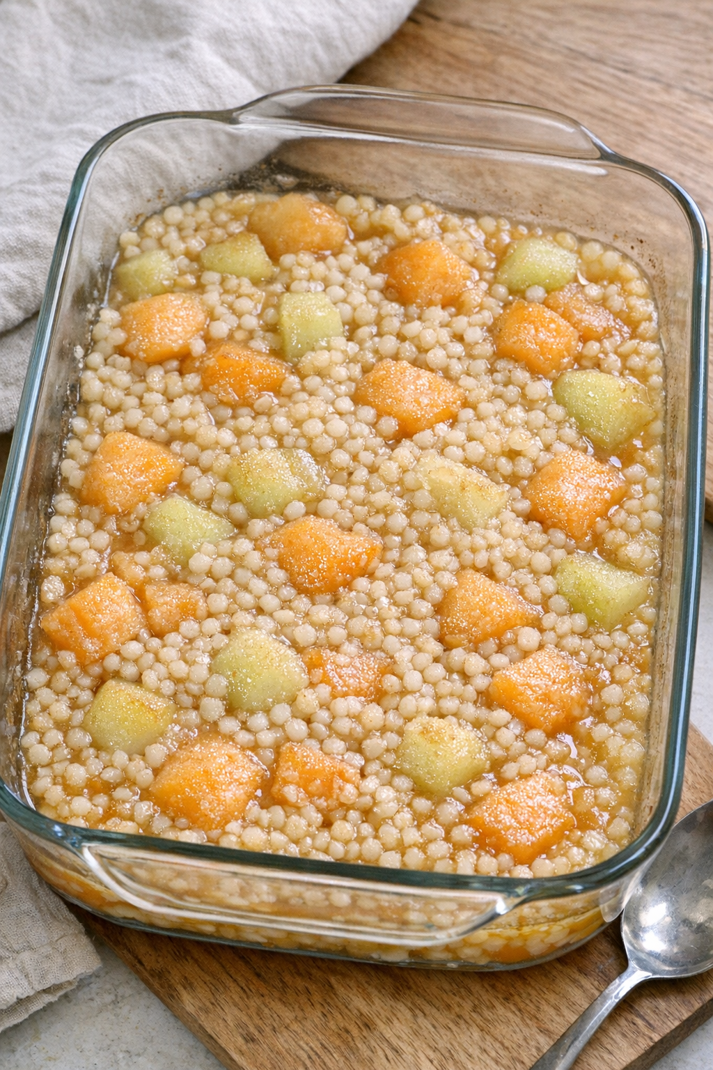Warm baked melon couscous dessert in a casserole dish