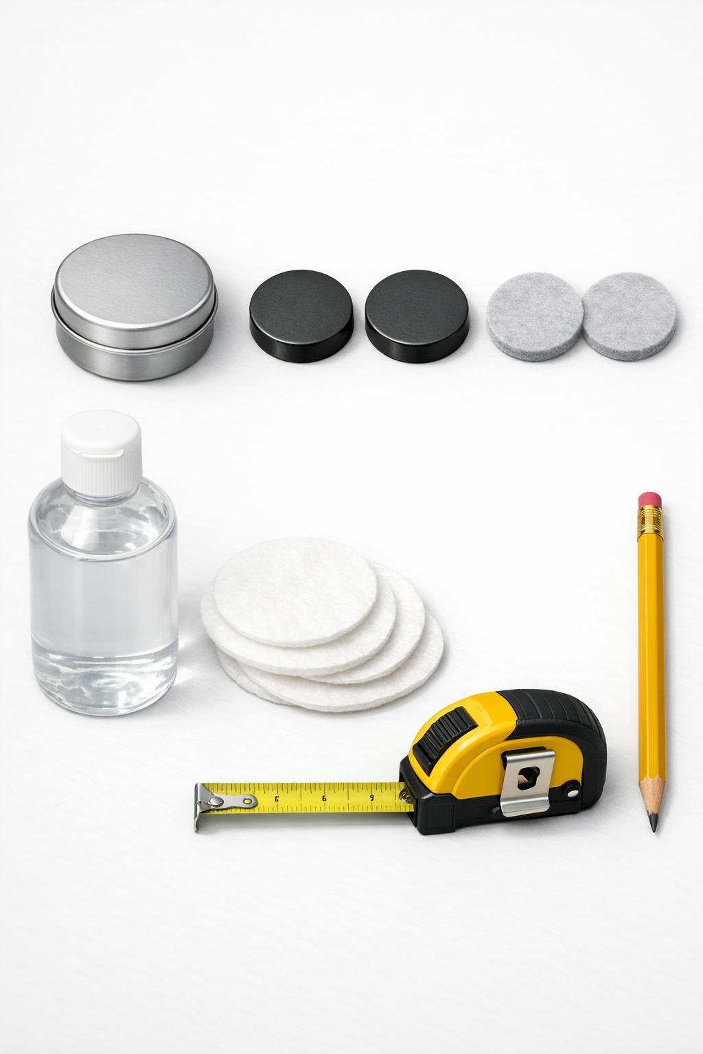 Materials for a magnetic lint bin laid out on a work surface