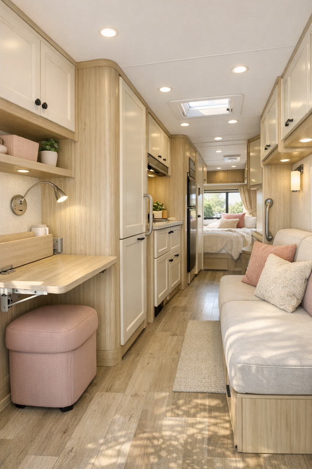 RV flex area with smart storage, pale wood finishes, and accessible circulation
