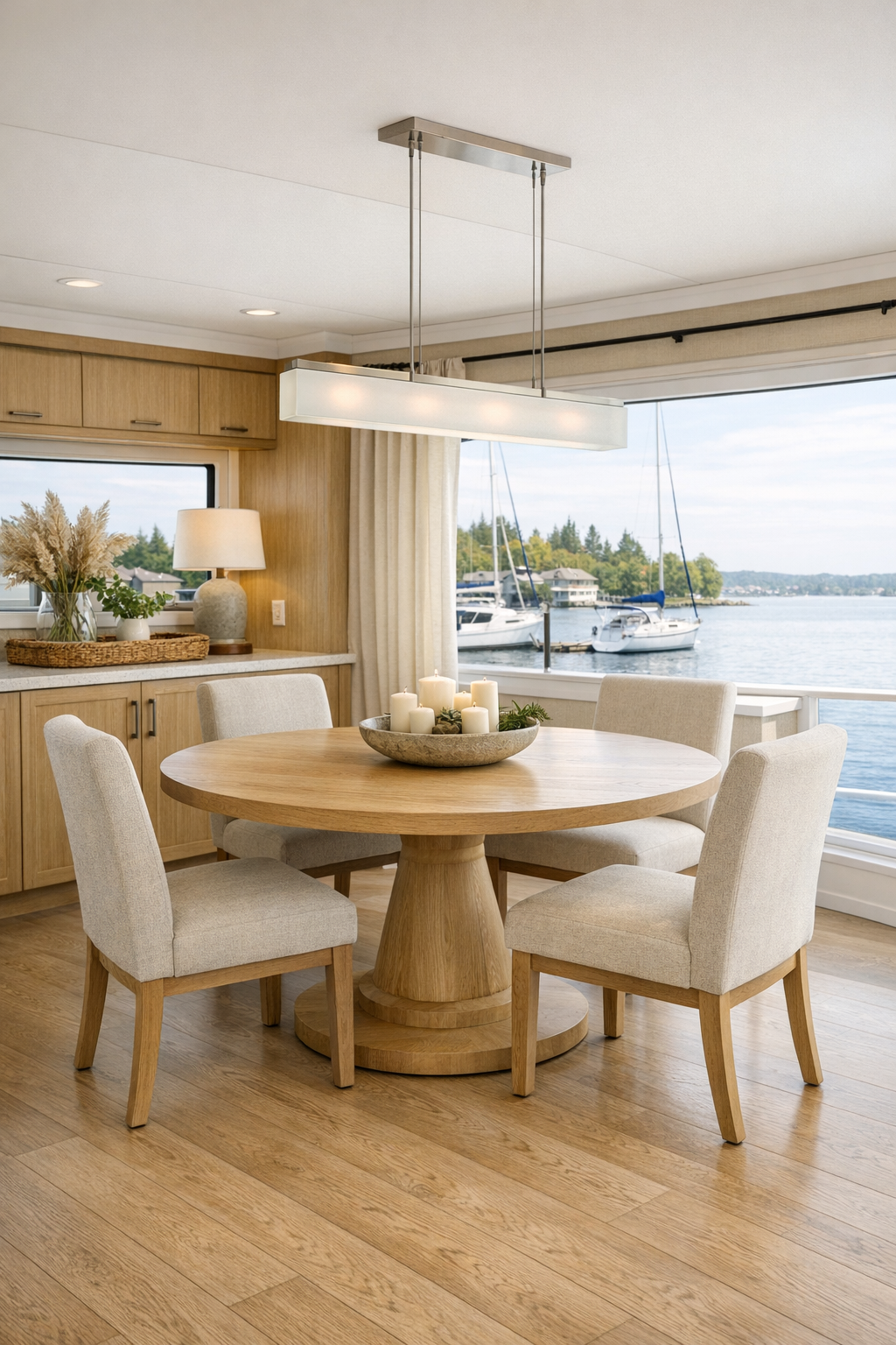 Accessible coastal dining room with pale oak table, upholstered chairs, and built-in sideboard