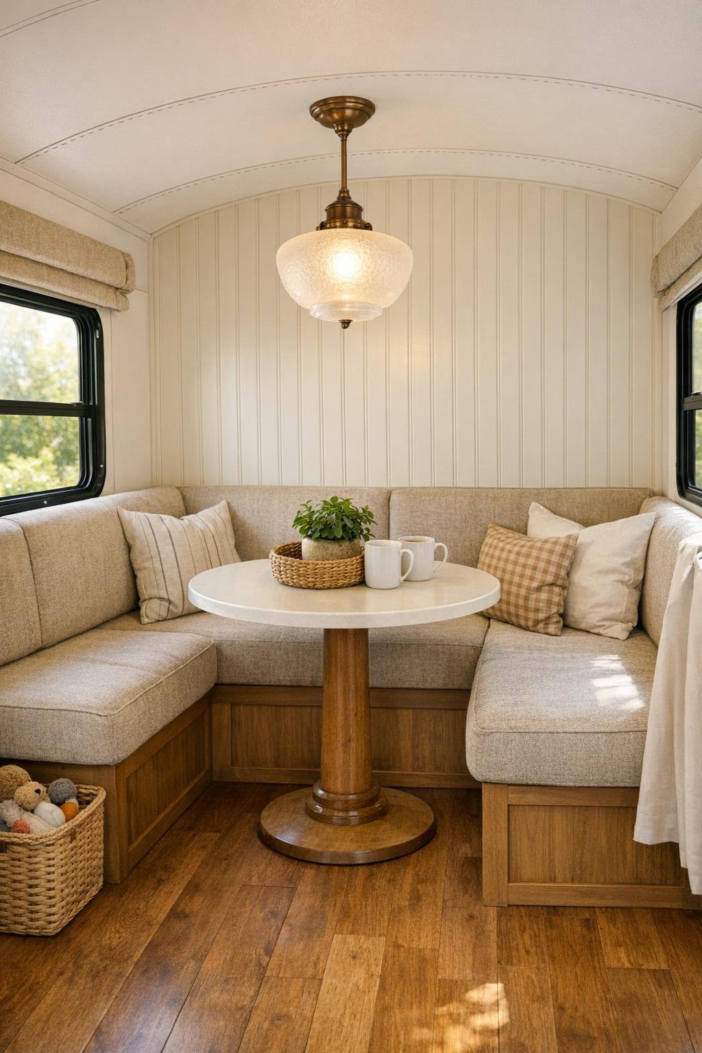 Built-in bus dining nook with banquette seating and round pedestal table