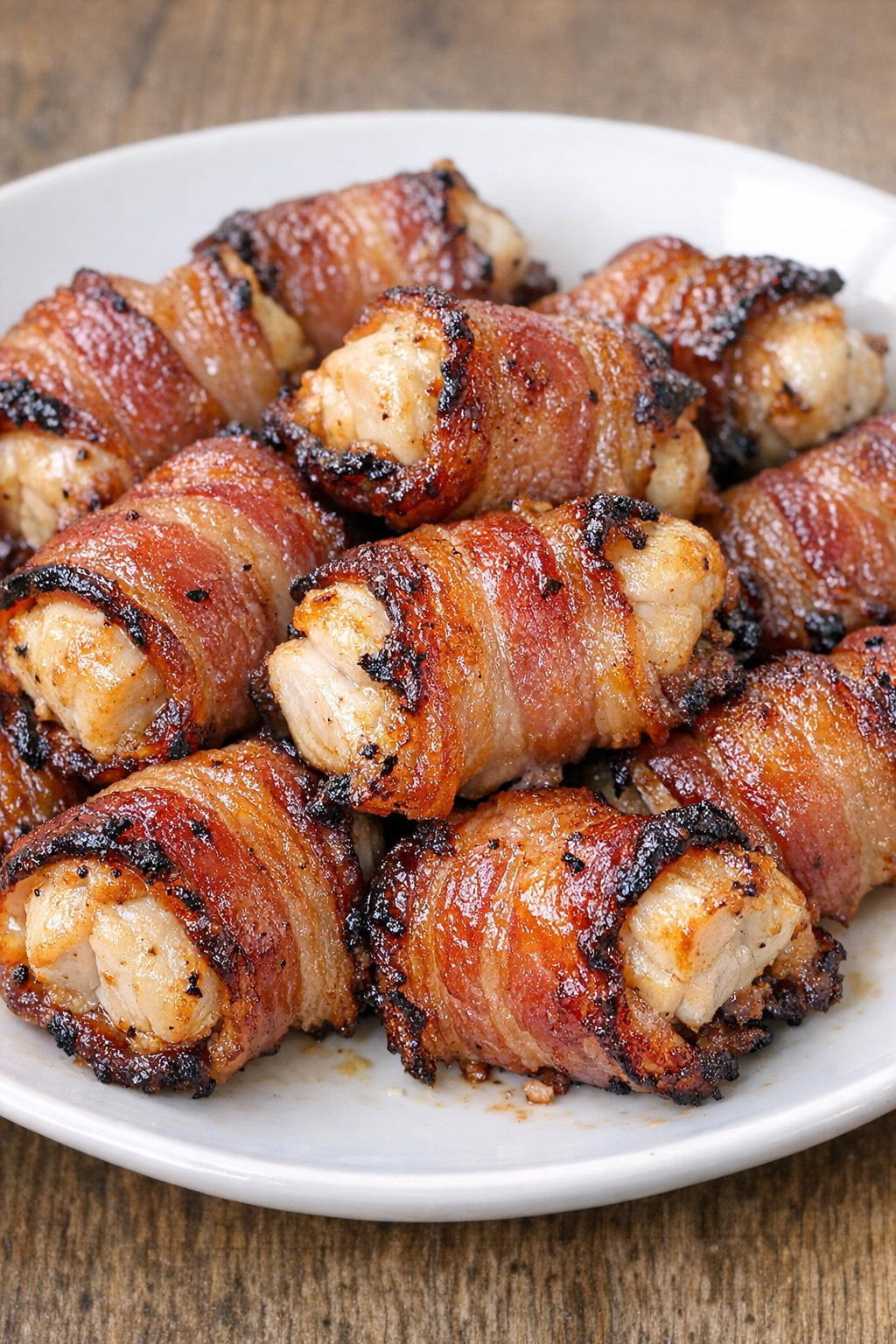 Low carb 3-ingredient bacon chicken bites on a white plate