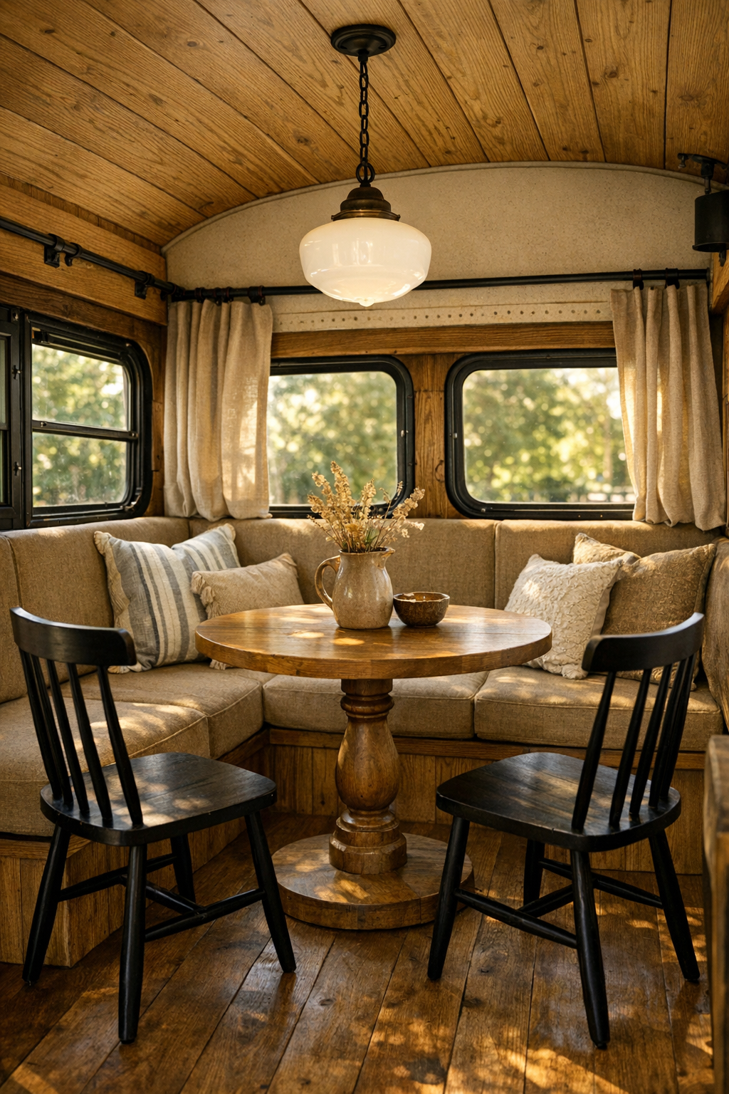 Cozy dining nook in the bus with banquette seating and a round wood table