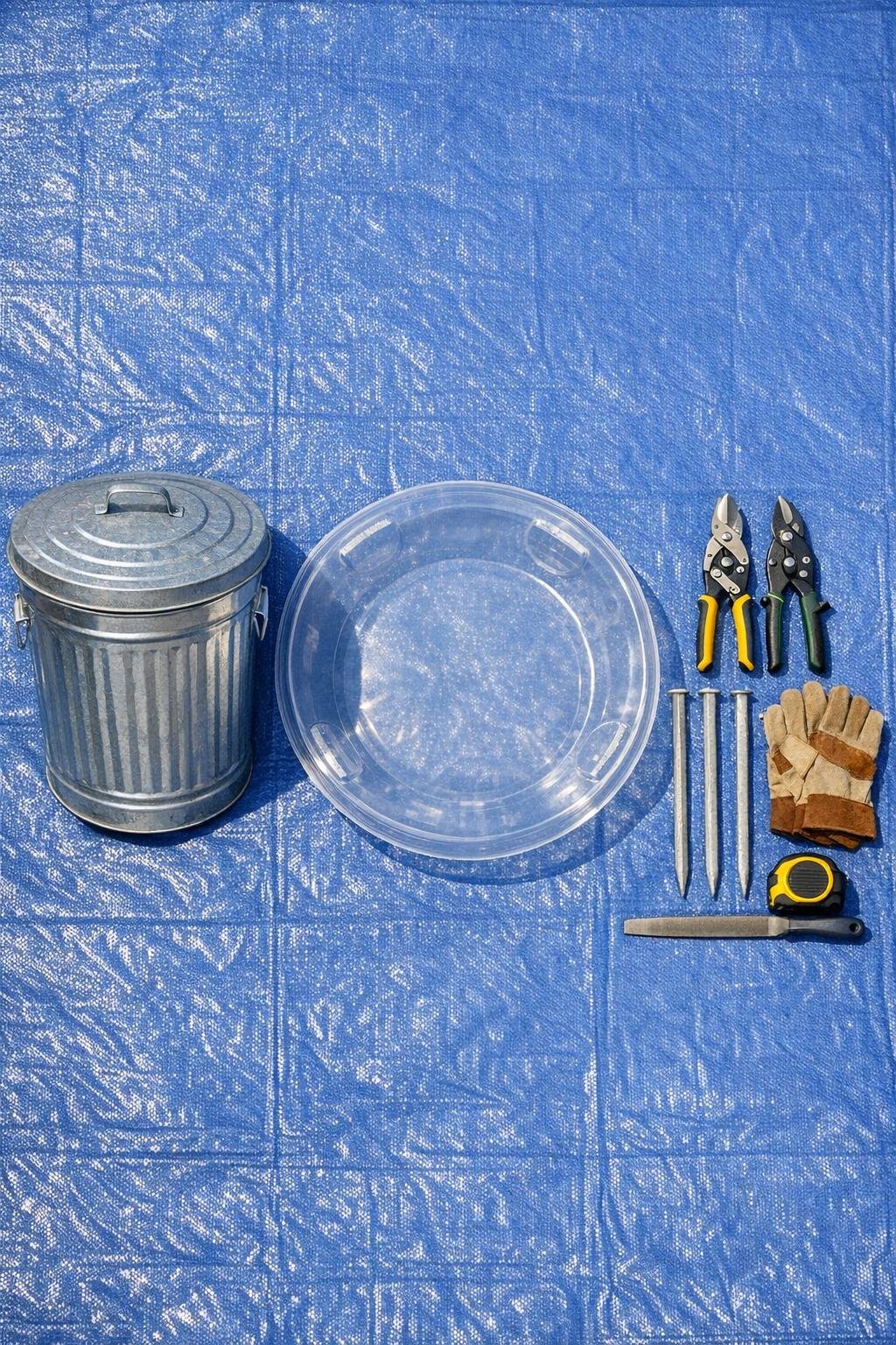Materials for a galvanized trash can cold frame anchor laid out together