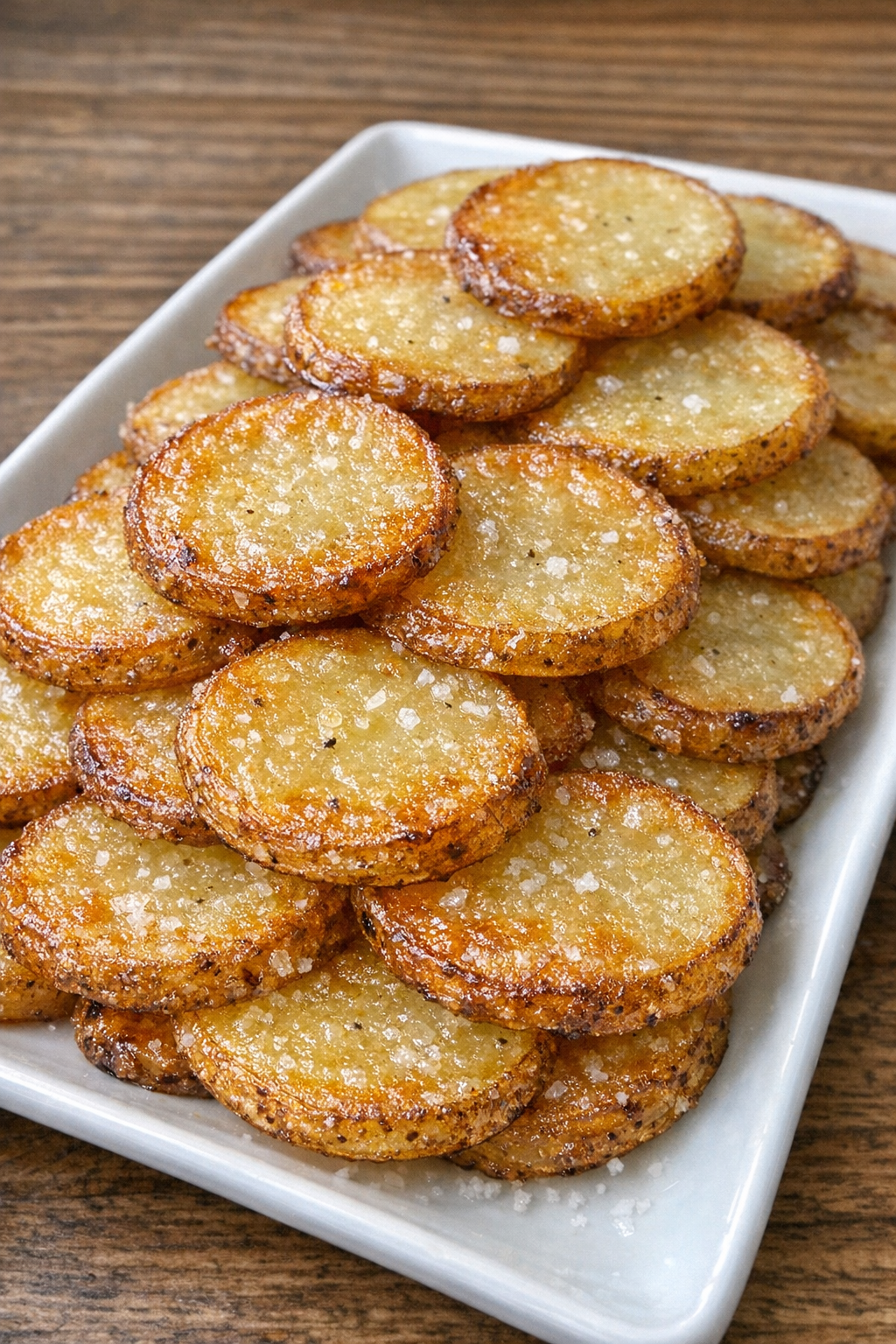 Thin glistening buttery potato discs with golden crispy edges on a white platter