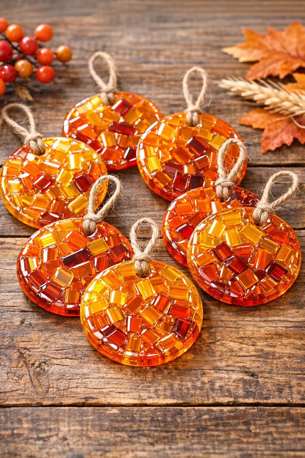 Finished amber harvest ornaments with twine hangers