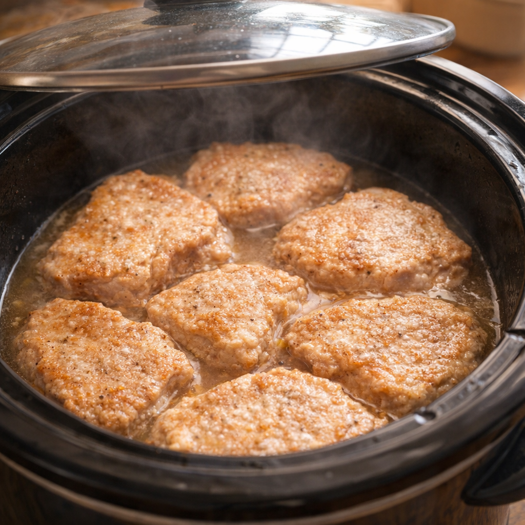 Pork chops cooking in a slow cooker with broth