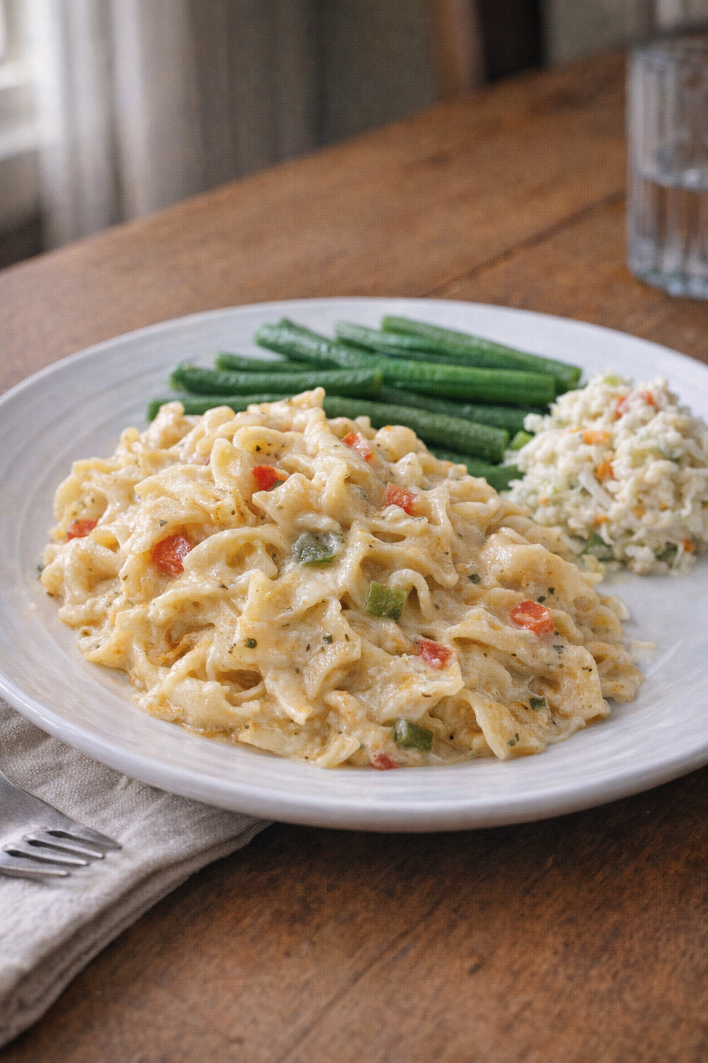 Serving of creamy noodle bake beside simple sides
