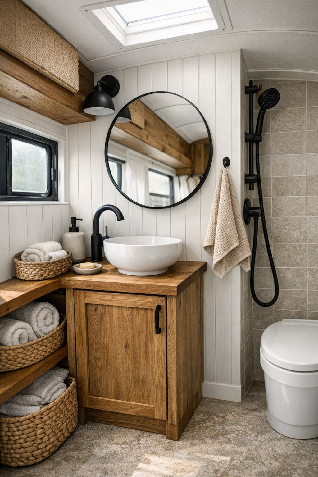 Small but elegant bus bathroom with oak vanity, black fixtures, and soft natural light