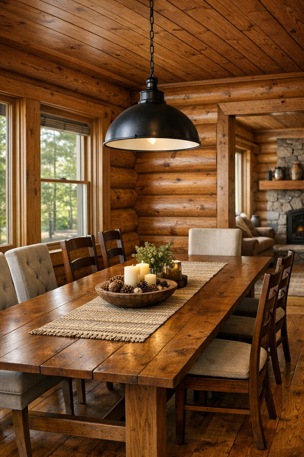 Rustic dining room with long wood table and warm pendant lighting