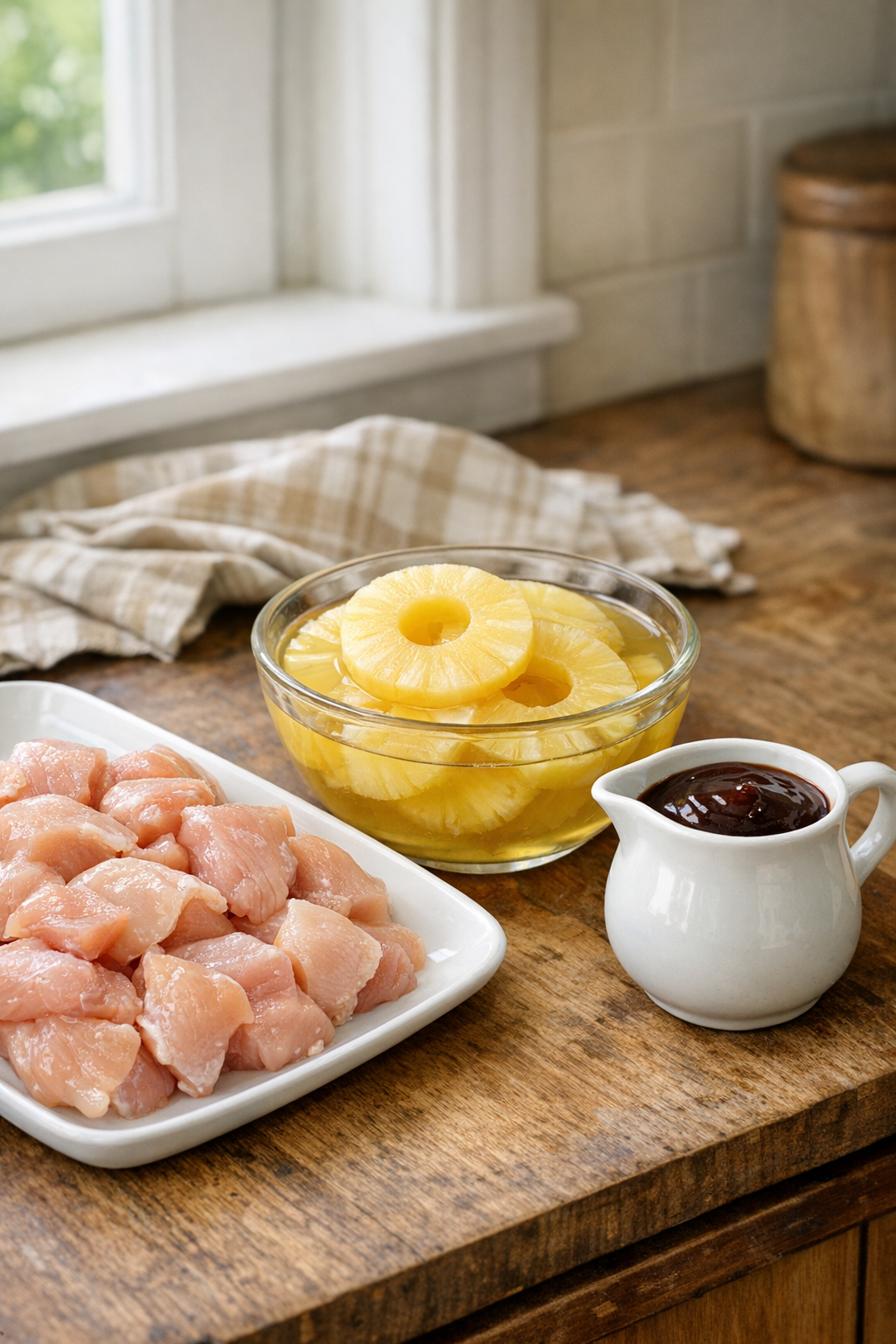 Chicken, pineapple, and barbecue sauce ingredients on a counter