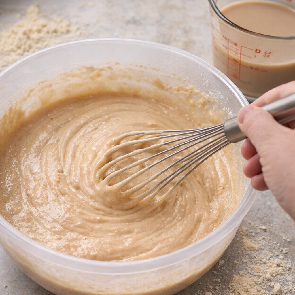 Cake batter being mixed with chai latte