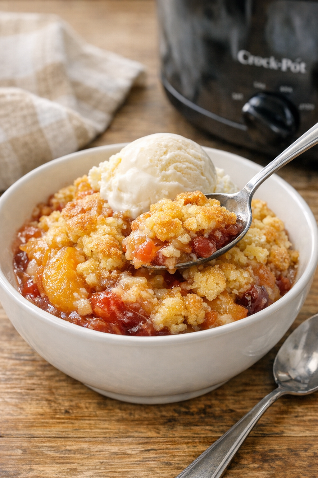 Warm slow cooker fruit dump cake served in a bowl