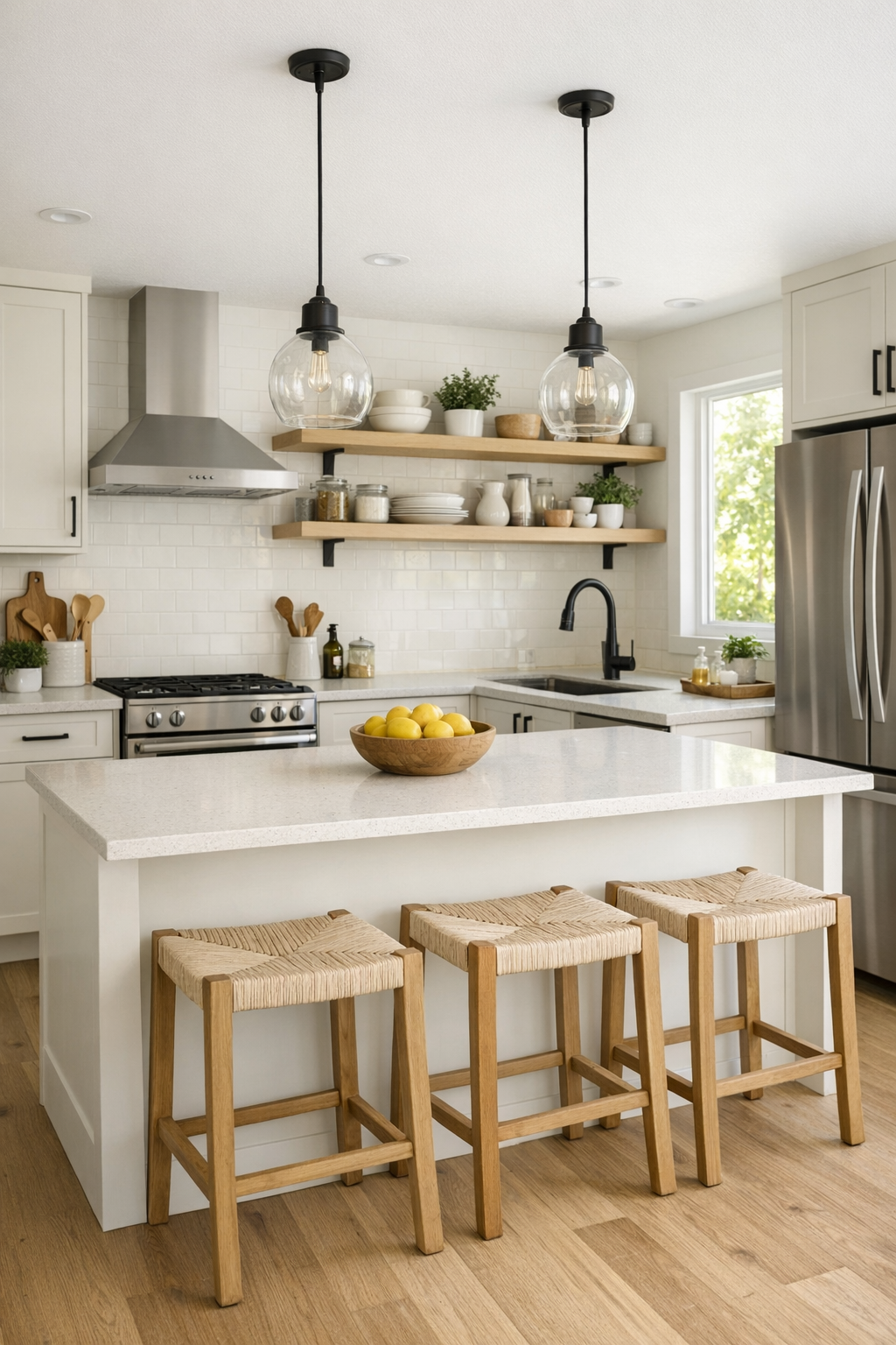 Bright kitchen with light cabinetry, quartz counters, and oak accents