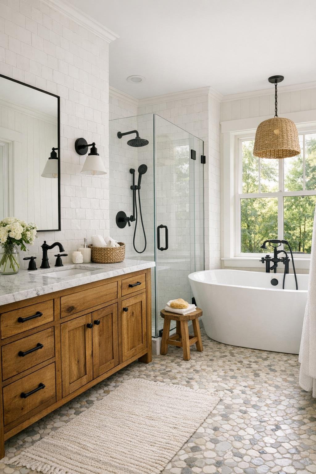 Bright farmhouse bathroom with white tile, a wood vanity, and a soaking tub