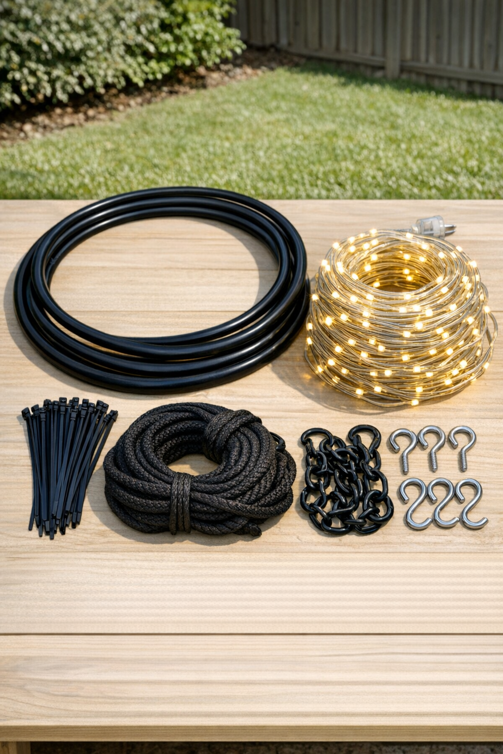 Materials for a giant backyard hula hoop chandelier laid out neatly