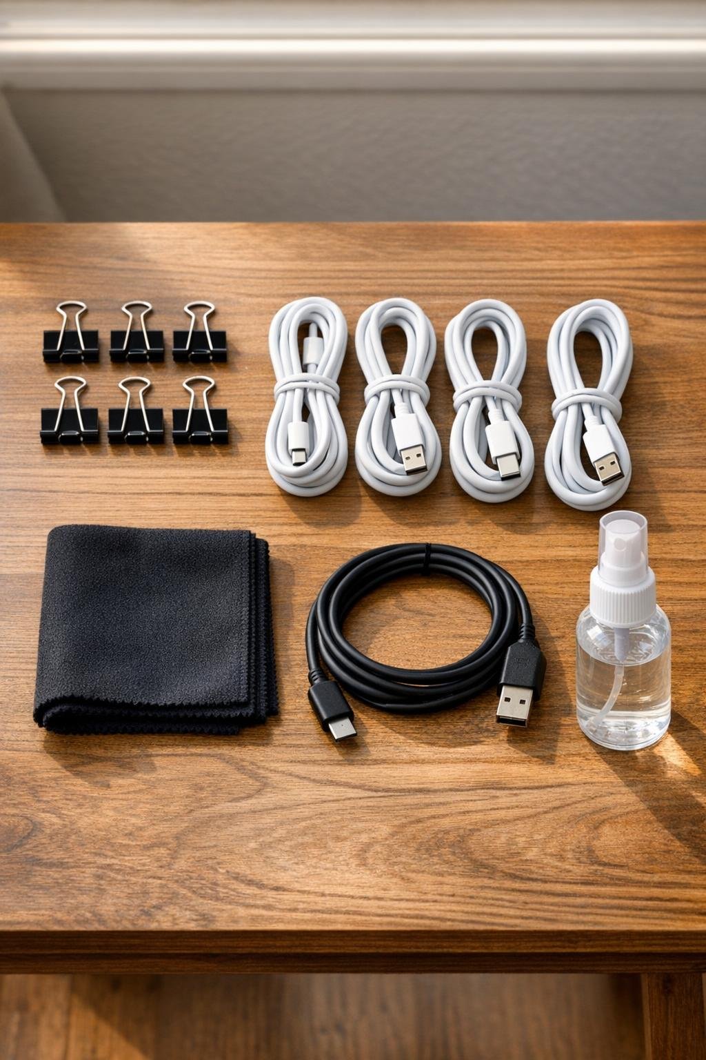 Binder clips, charging cords, and cleaning supplies laid out for the project