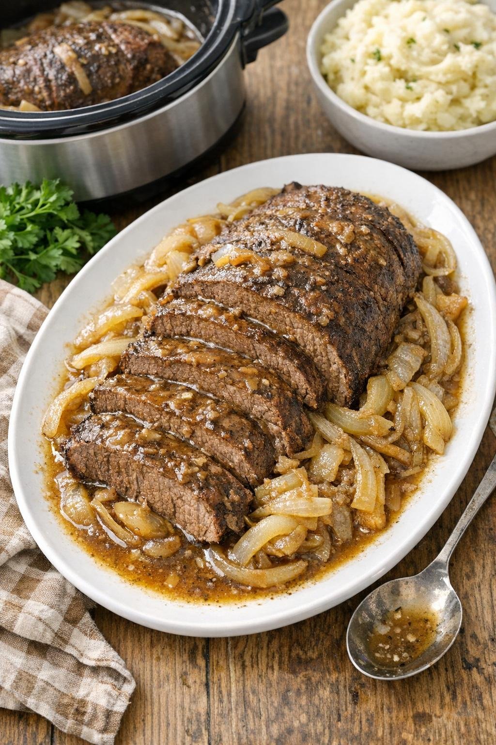 Finished slow cooker beef roast on a platter