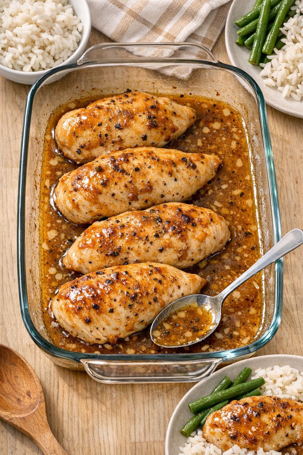 Finished baked chicken breasts in a glass casserole dish