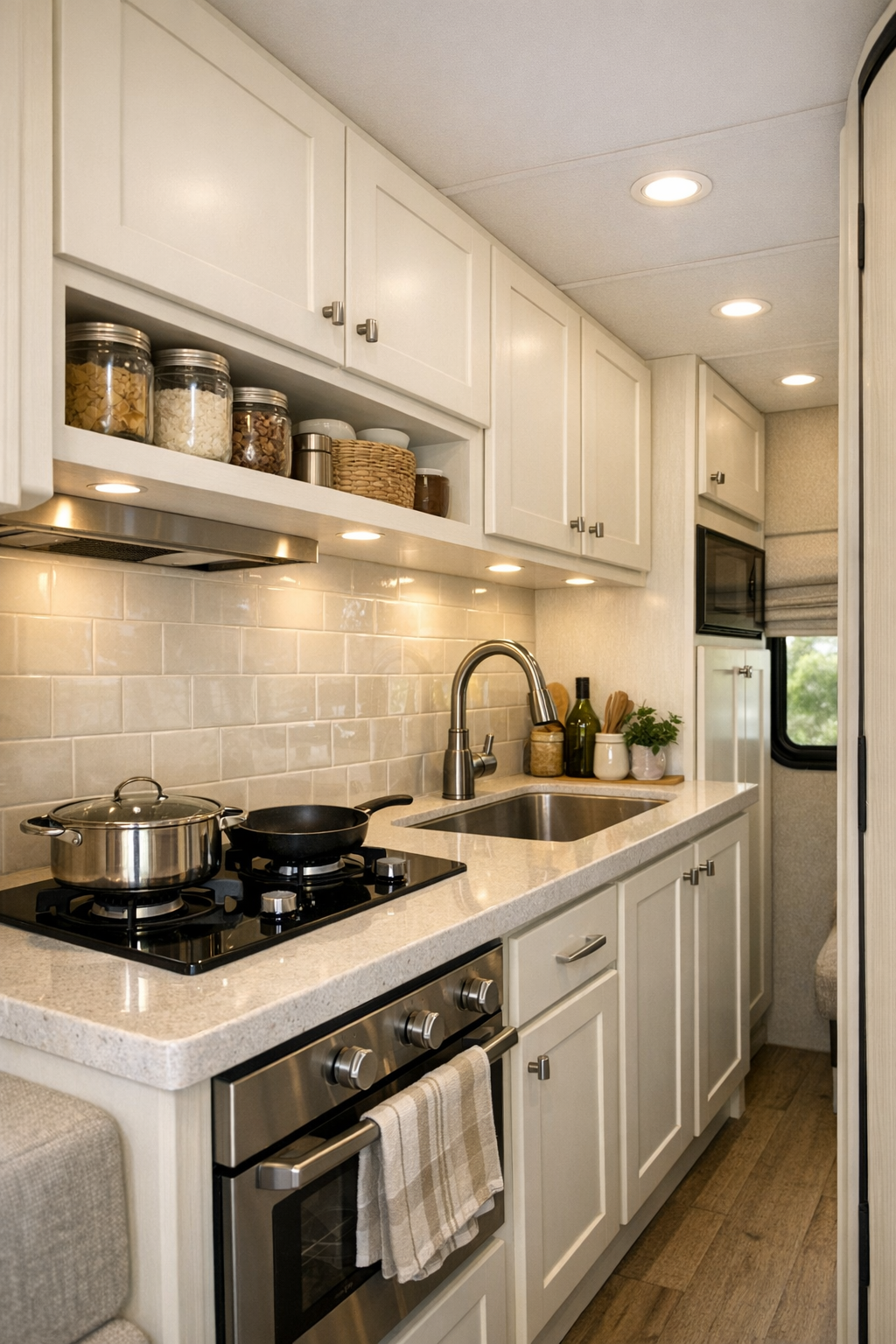 Compact RV camper kitchen with creamy cabinetry and bright tile backsplash