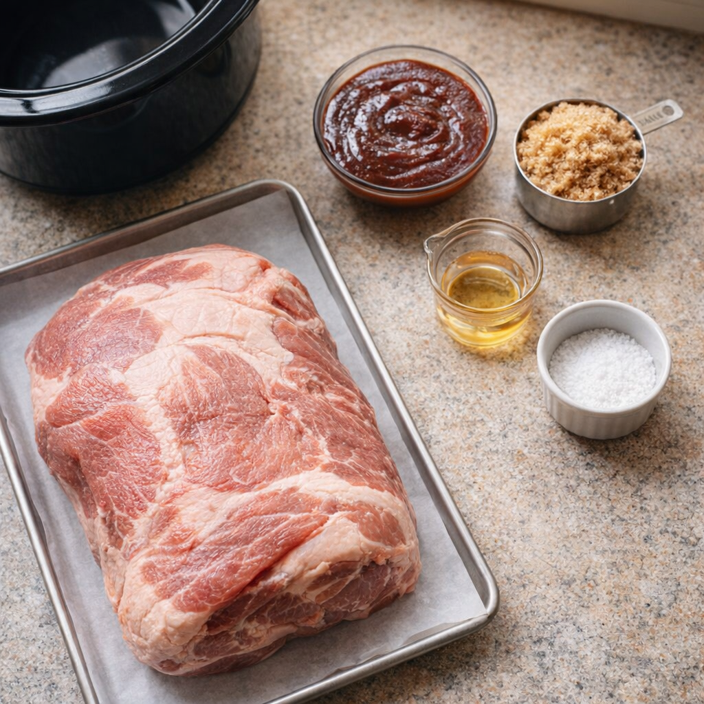 Pork butt and simple ingredients arranged on a kitchen counter