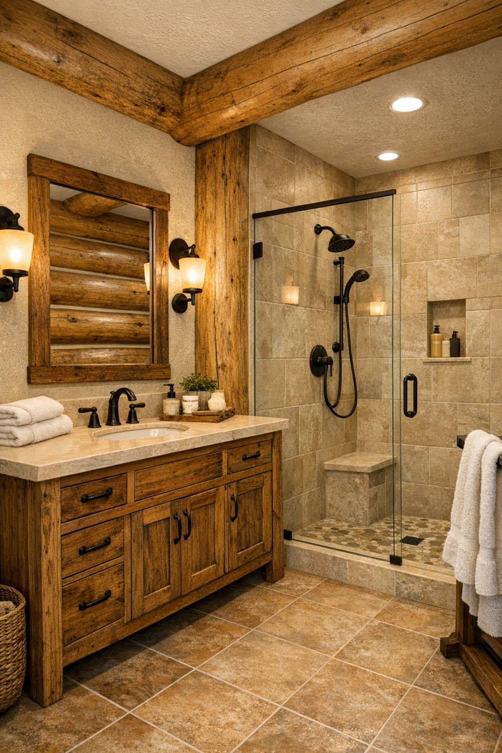 Warm rustic bathroom with handcrafted wood vanity, pale stone surfaces, and a glass shower