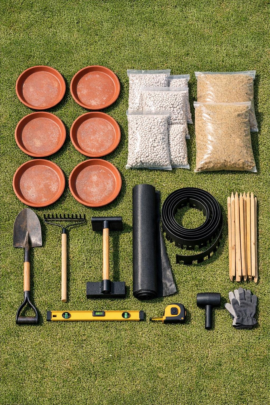 Terracotta saucers, pea gravel, edging, sand, and garden tools laid out for the walkway project