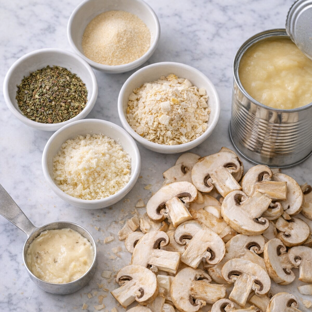Small bowls of seasoning variations beside mushrooms