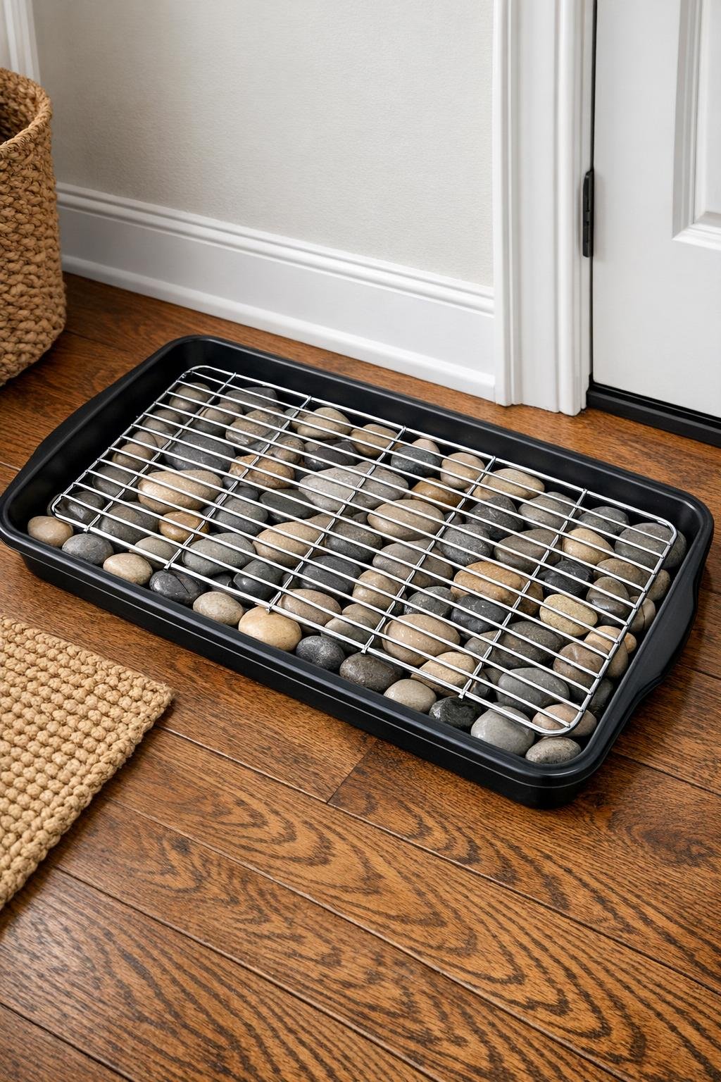 Finished entryway shoe drip tray with rack over river rocks