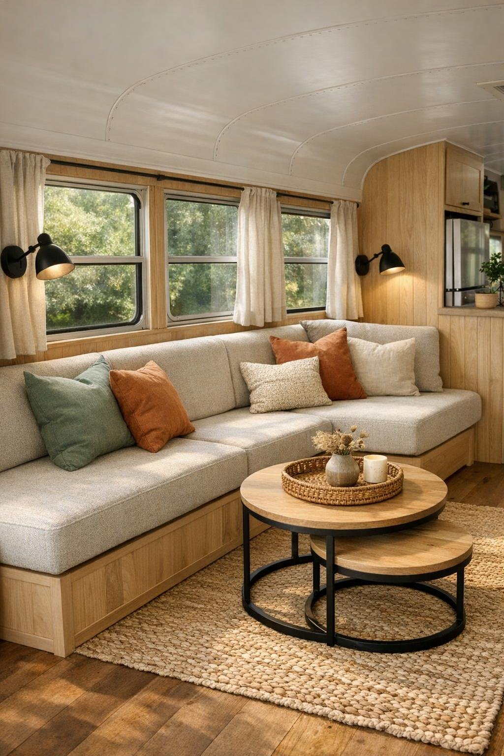Cozy bus living room with built-in bench seating and pale wood walls