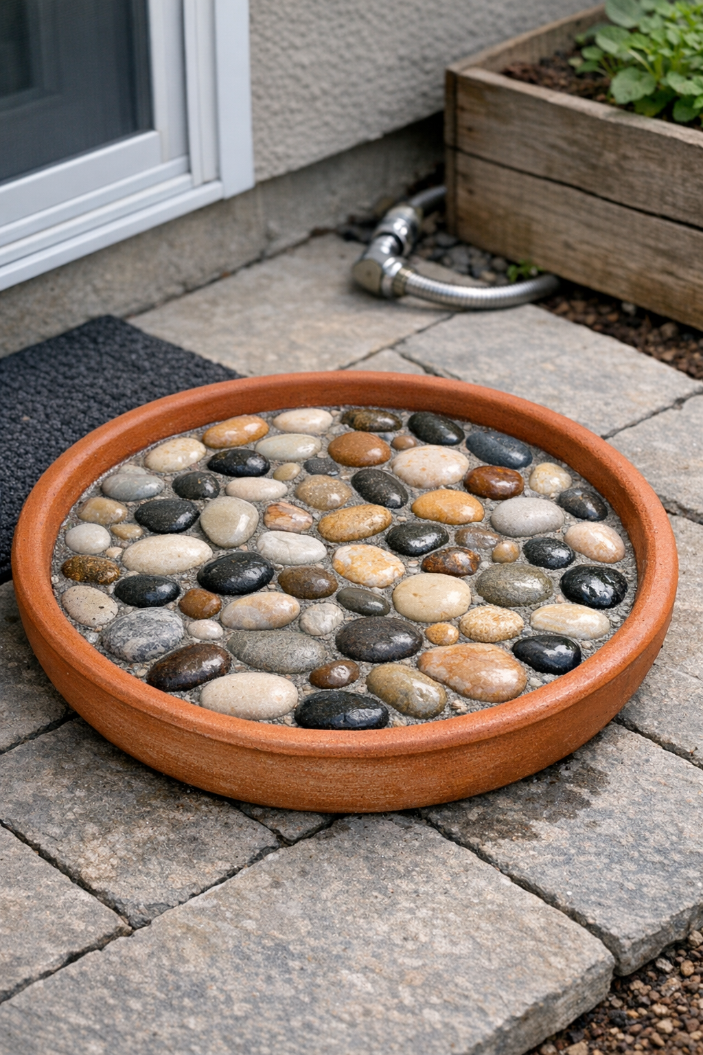 Finished pebble foot wash station in a terracotta saucer by a back door