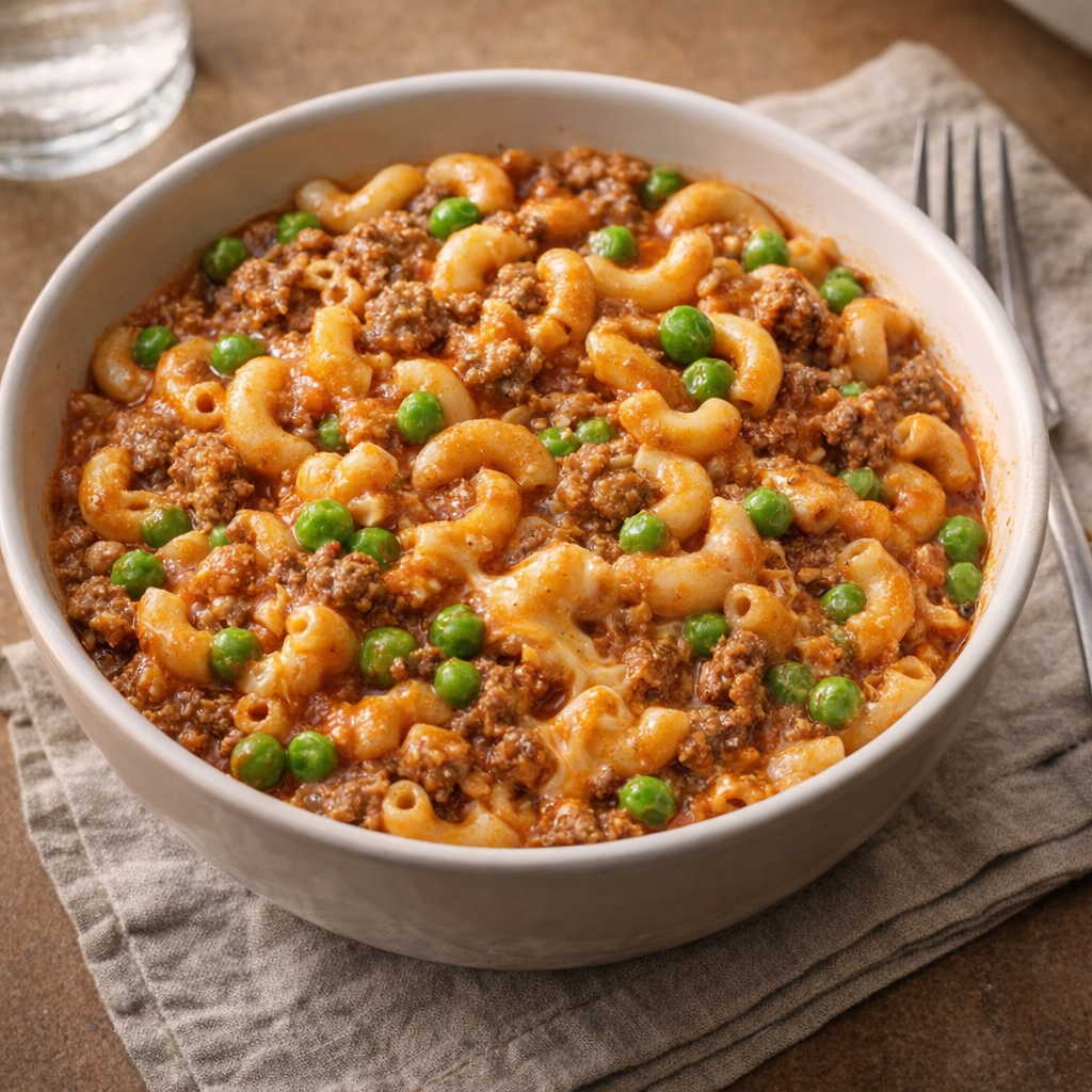 Beef and macaroni variation with peas stirred in