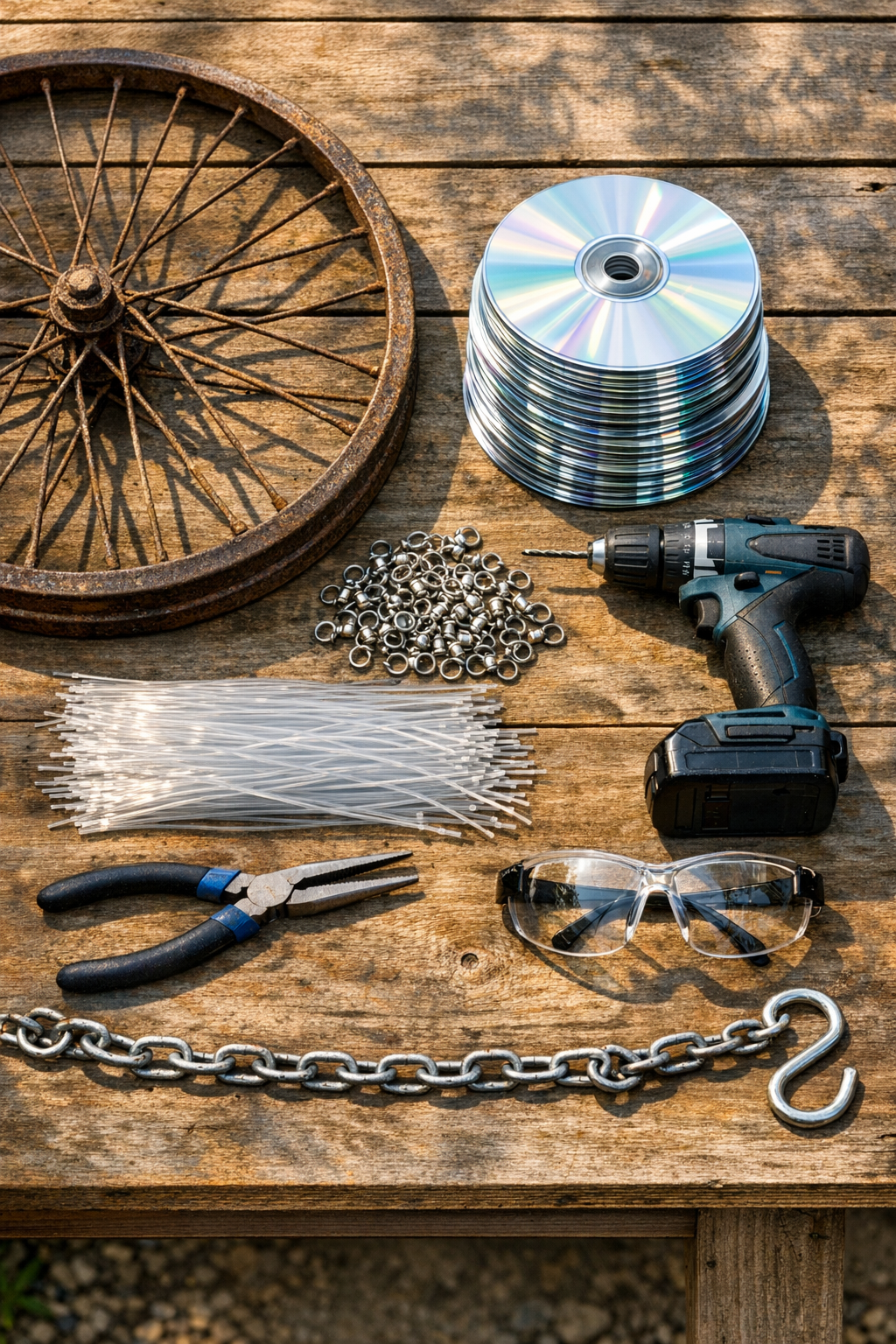 Materials for a bicycle wheel CD wind spinner laid out on a table