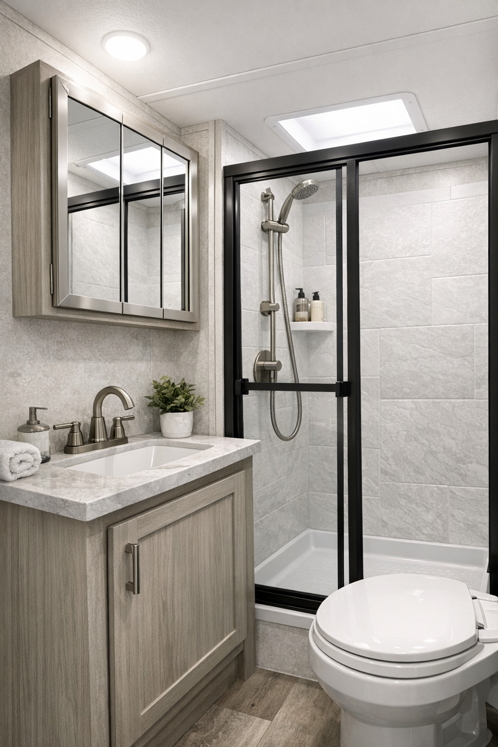Streamlined RV bathroom with stone-look surfaces and black-framed shower detail