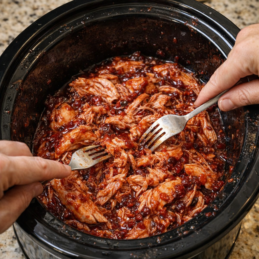 Shredded cranberry chicken in the slow cooker with forks