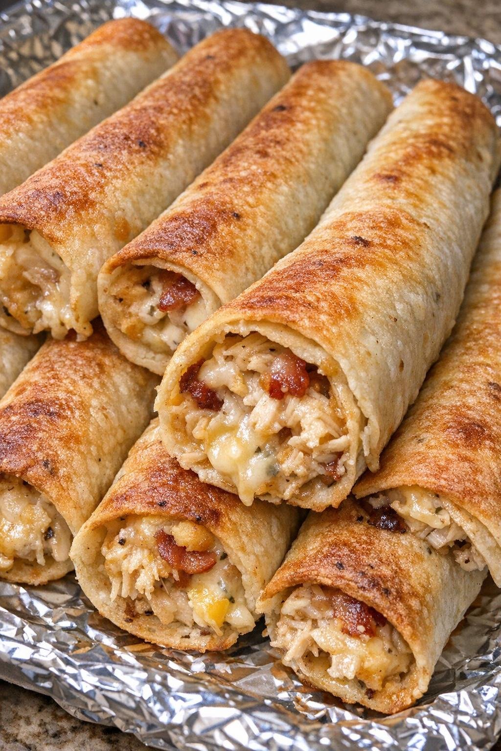 Close-up of crispy chicken bacon ranch taquitos