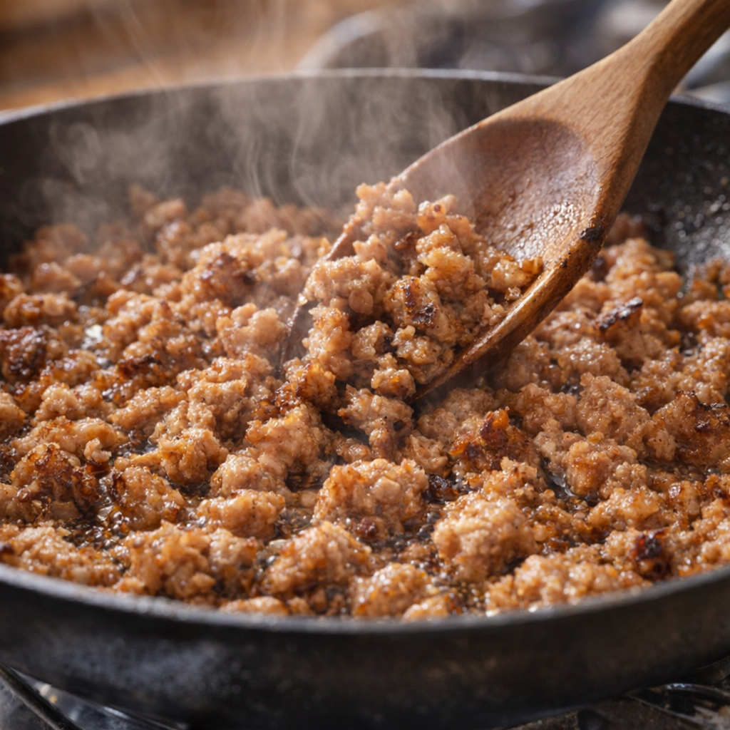 Italian sausage browning in a skillet