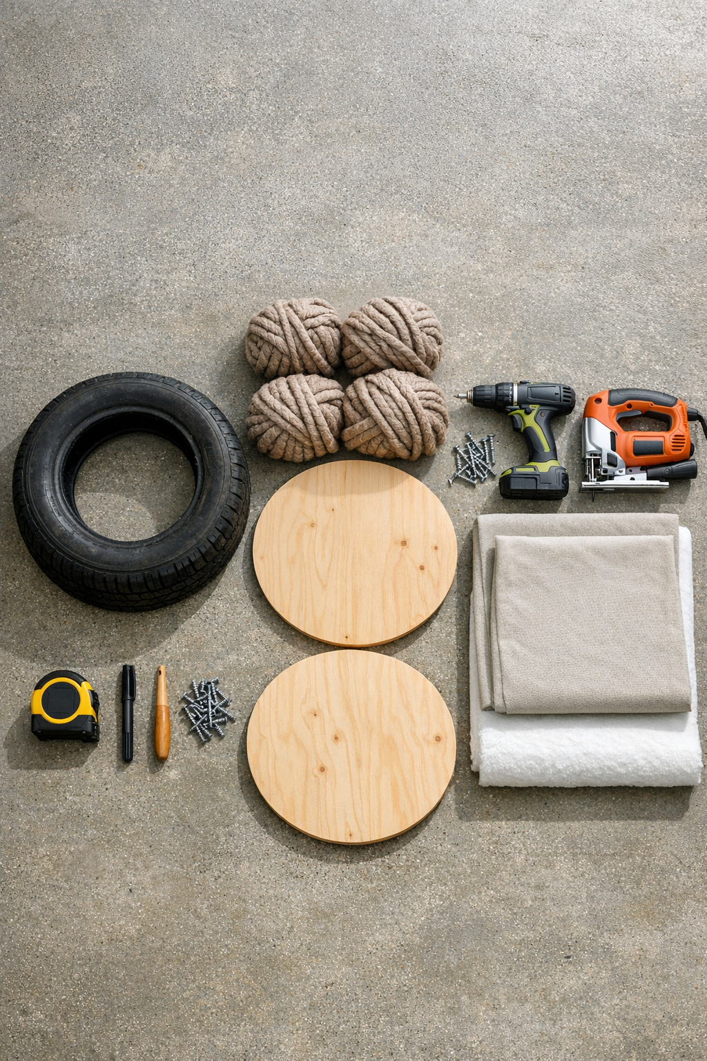 Materials for a crochet tire ottoman laid out together