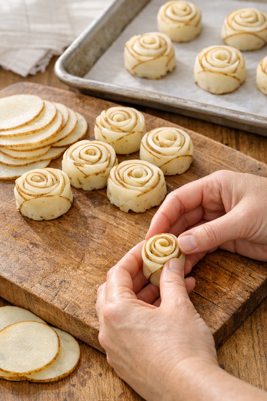 Thin potato slices being rolled into pinwheels