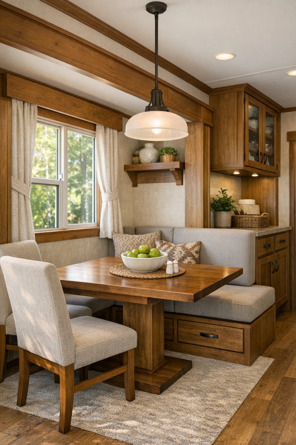 Warm craftsman dining area with wood table, upholstered chairs, and pendant light