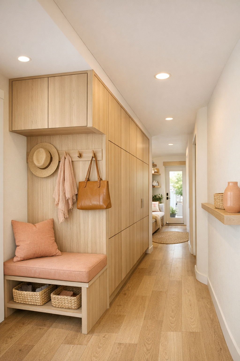 Tiny home entry and hallway with built-in storage and light wood finishes