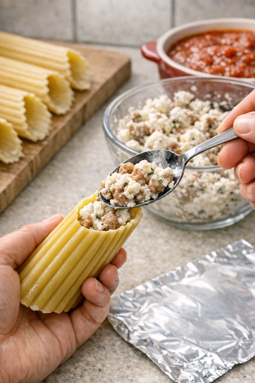 Uncooked manicotti shells being filled with sausage cheese mixture