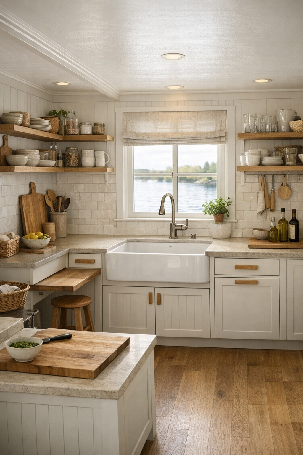 Shaker houseboat kitchen with painted cabinets, accessible counters, and farmhouse sink