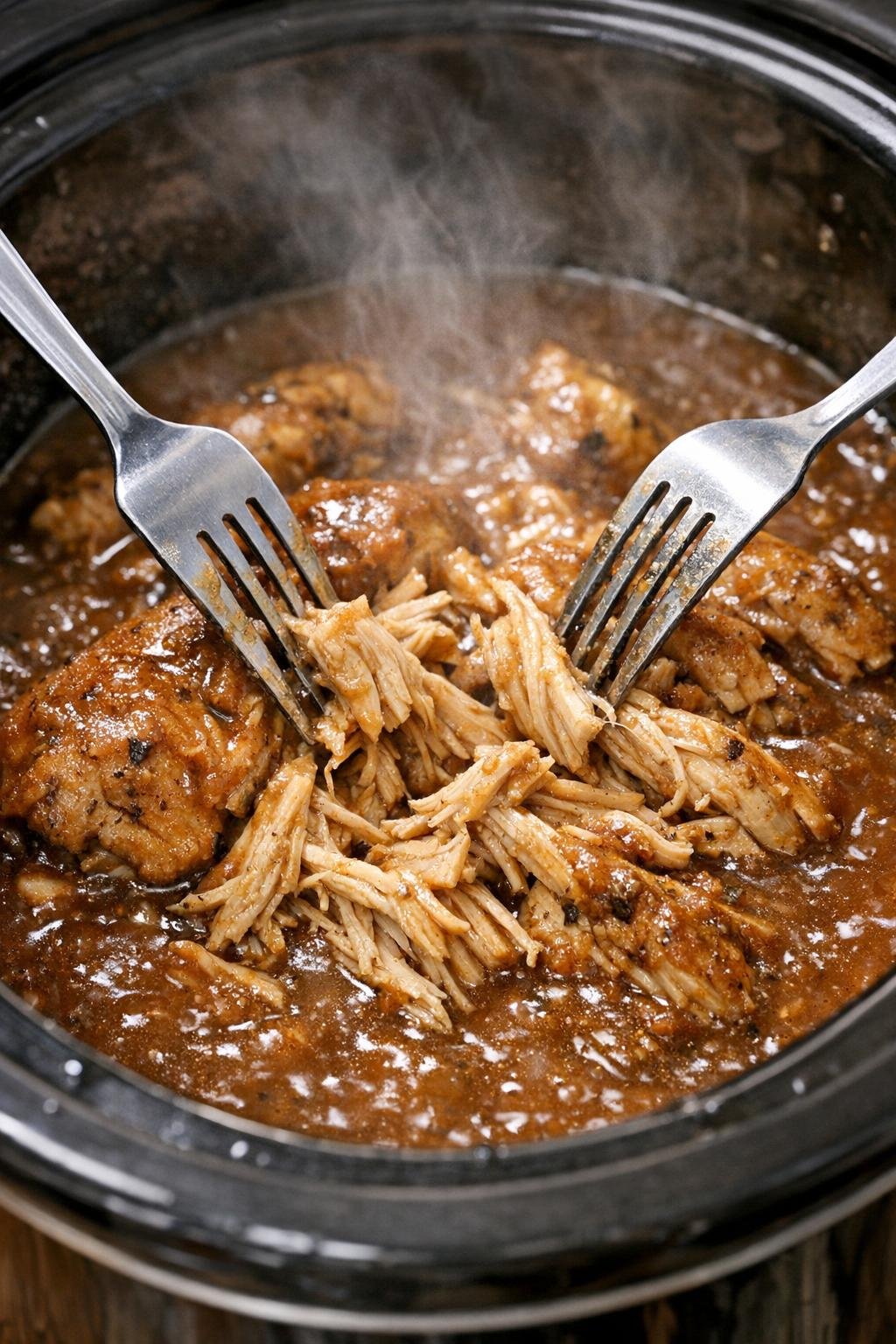 Tender slow cooker chicken being shredded into gravy