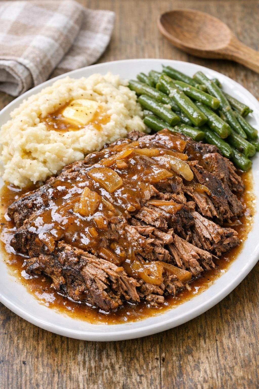 Finished beef roast with gravy on a platter